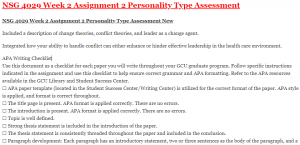 NSG 4029 Week 2 Assignment 2 Personality Type Assessment