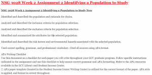 NSG 3028 Week 2 Assignment 2 Identifying a Population to Study