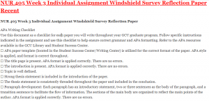 NUR 405 Week 3 Individual Assignment Windshield Survey Reflection Paper Recent