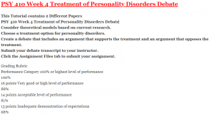 PSY 410 Week 4 Treatment of Personality Disorders Debate
