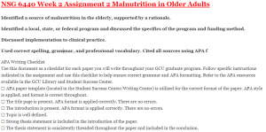 NSG 6440 Week 2 Assignment 2 Malnutrition in Older Adults