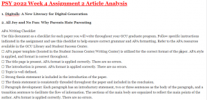 PSY 2022 Week 4 Assignment 2 Article Analysis