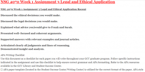 NSG 4070 Week 1 Assignment 3 Legal and Ethical Application
