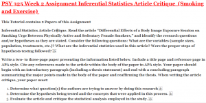 PSY 325 Week 2 Assignment Inferential Statistics Article Critique (Smoking and Exercise)