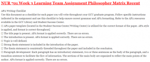 NUR 701 Week 3 Learning Team Assignment Philosopher Matrix Recent