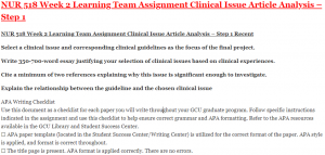 NUR 518 Week 2 Learning Team Assignment Clinical Issue Article Analysis – Step 1