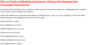 PSY 103 Week 4 Individual Assignment: Lifespan Development and Personality Paper Recent