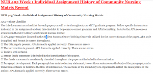 NUR 405 Week 1 Individual Assignment History of Community Nursing Matrix Recent