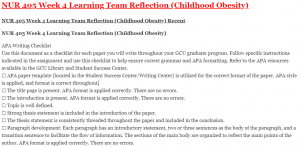 NUR 405 Week 4 Learning Team Reflection (Childhood Obesity)