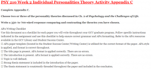 PSY 210 Week 2 Individual Personalities Theory Activity Appendix C