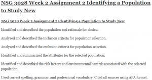 NSG 3028 Week 2 Assignment 2 Identifying a Population to Study New