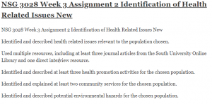 NSG 3028 Week 3 Assignment 2 Identification of Health Related Issues New
