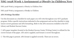 NSG 3028 Week 5 Assignment 2 Obesity in Children New