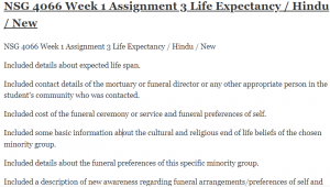NSG 4066 Week 1 Assignment 3 Life Expectancy Hindu New