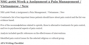 NSG 4066 Week 2 Assignment 2 Pain Management Vietnamese New