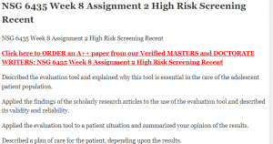 NSG 6435 Week 8 Assignment 2 High Risk Screening Recent