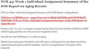 NUR 431 Week 1 Individual Assignment Summary of the IOM Report on Aging Recent