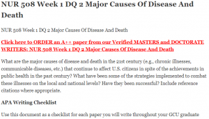 NUR 508 Week 1 DQ 2 Major Causes Of Disease And Death