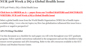 NUR 508 Week 2 DQ 2 Global Health Issue