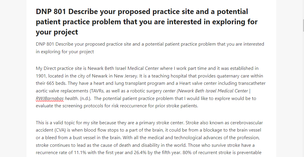DNP 801 Describe your proposed practice site and a potential patient practice problem that you are interested in exploring for your project