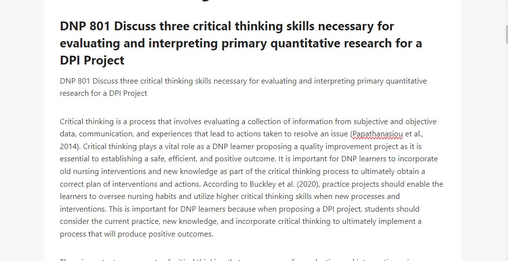 DNP 801 Discuss three critical thinking skills necessary for evaluating and interpreting primary quantitative research for a DPI Project