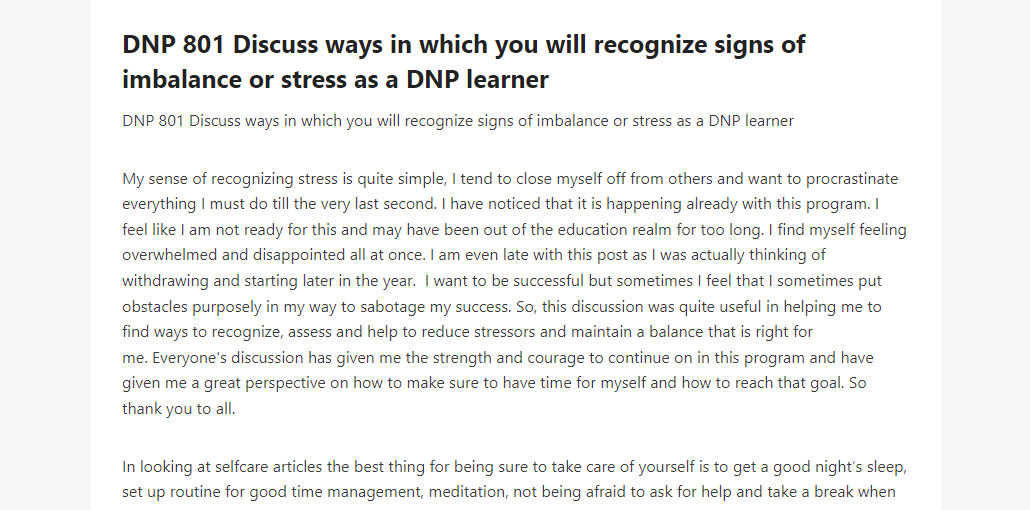 DNP 801 Discuss ways in which you will recognize signs of imbalance or stress as a DNP learner