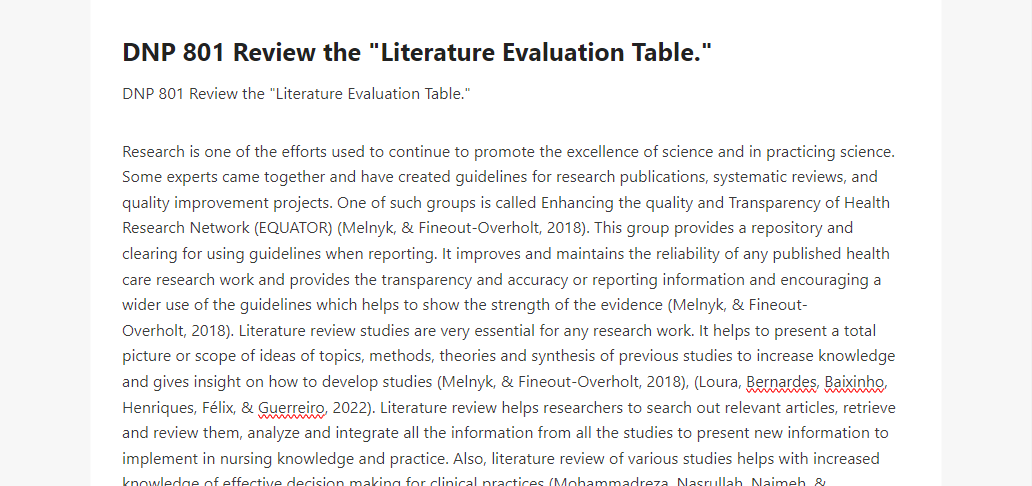 DNP 801 Review the Literature Evaluation Table.