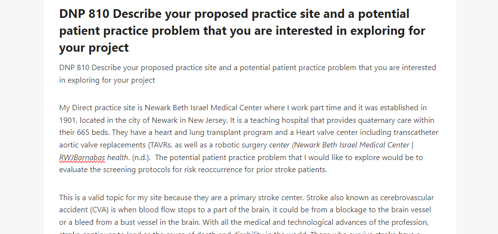 DNP 810 Describe your proposed practice site and a potential patient practice problem that you are interested in exploring for your project