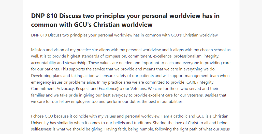 DNP 810 Discuss two principles your personal worldview has in common with GCU's Christian worldview