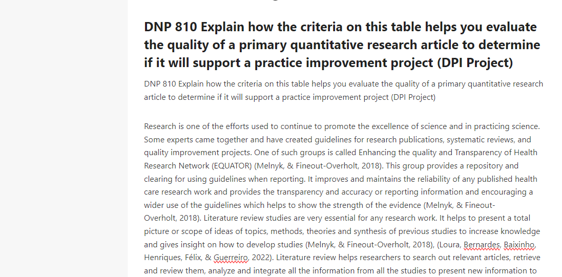 DNP 810 Explain how the criteria on this table helps you evaluate the quality of a primary quantitative research