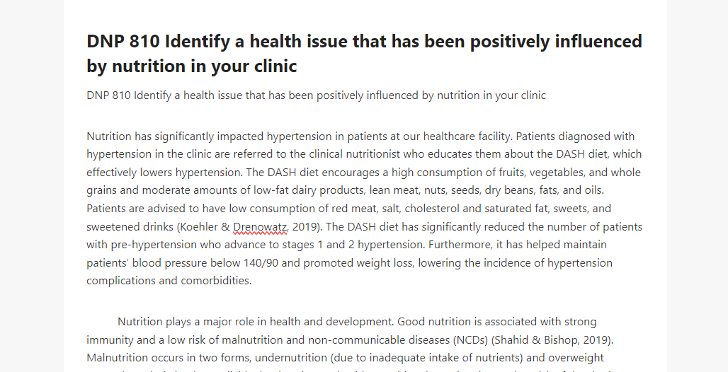 DNP 810 Identify a health issue that has been positively influenced by nutrition in your clinic