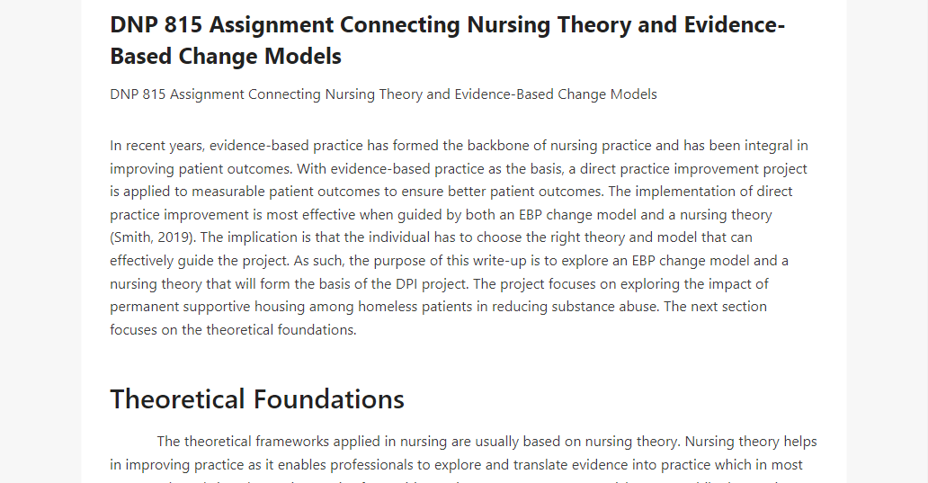 DNP 815 Assignment Connecting Nursing Theory and Evidence-Based Change Models