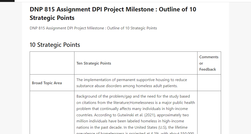 DNP 815 Assignment DPI Project Milestone Outline of 10 Strategic Points