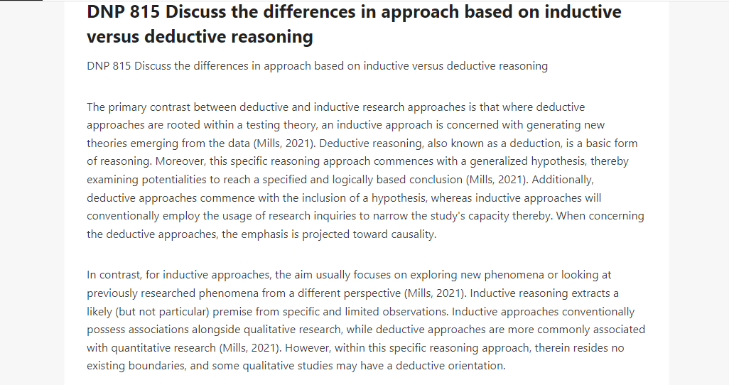 DNP 815 Discuss the differences in approach based on inductive versus deductive reasoning