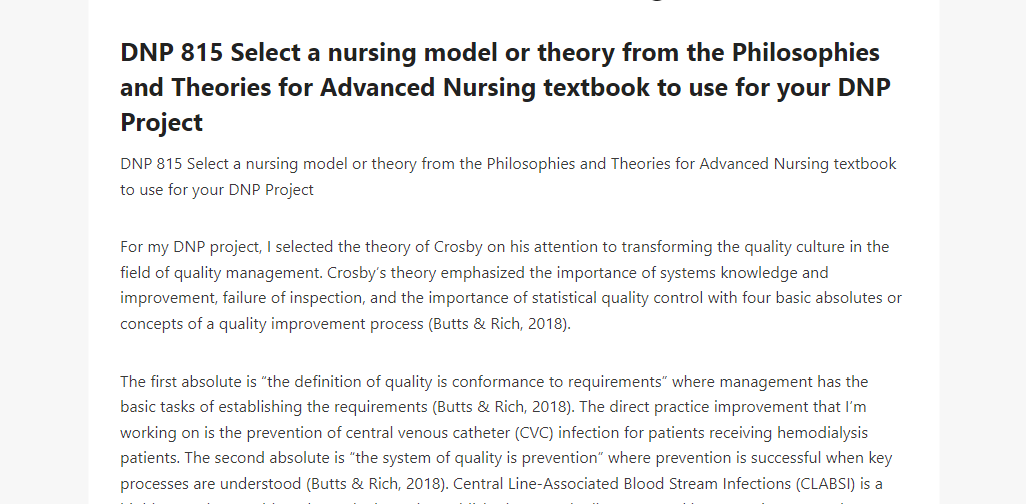 DNP 815 Select a nursing model or theory from the Philosophies and Theories for Advanced Nursing textbook to use for your DNP Project