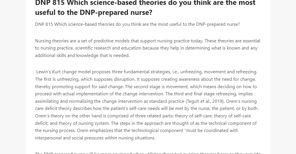 DNP 815 Which science-based theories do you think are the most useful to the DNP-prepared nurse