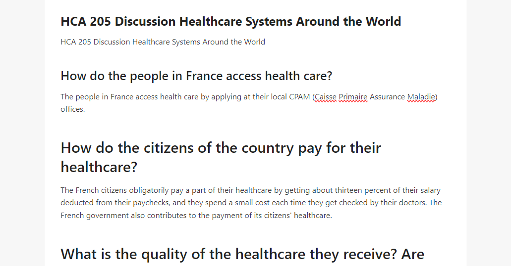HCA 205 Discussion Healthcare Systems Around the World
