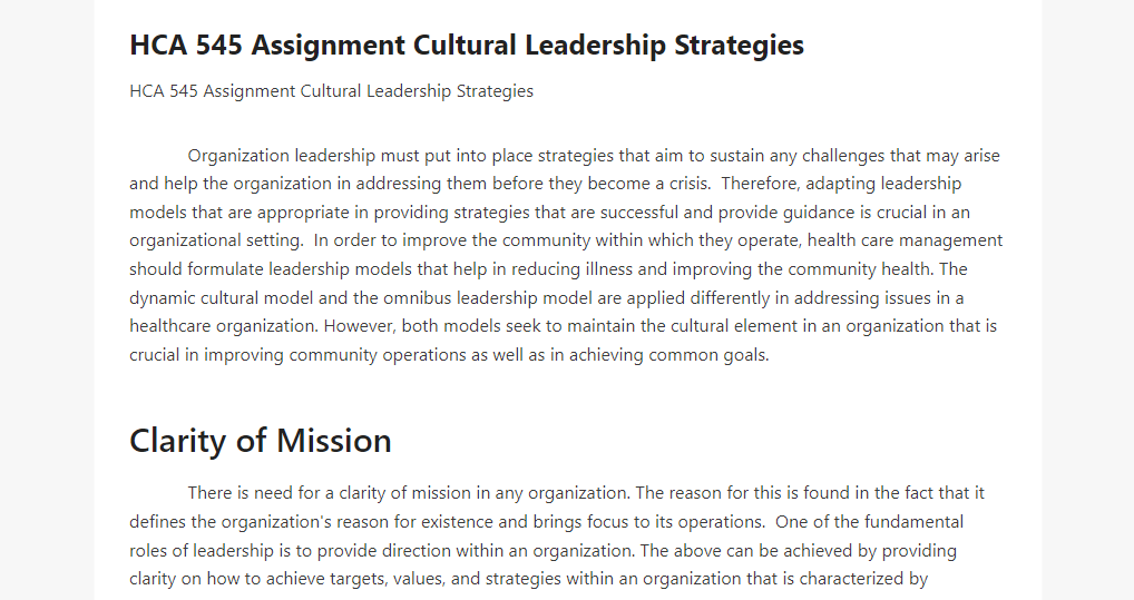 HCA 545 Assignment Cultural Leadership Strategies