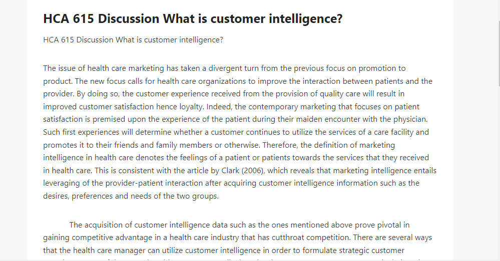 HCA 615 Discussion What is customer intelligence