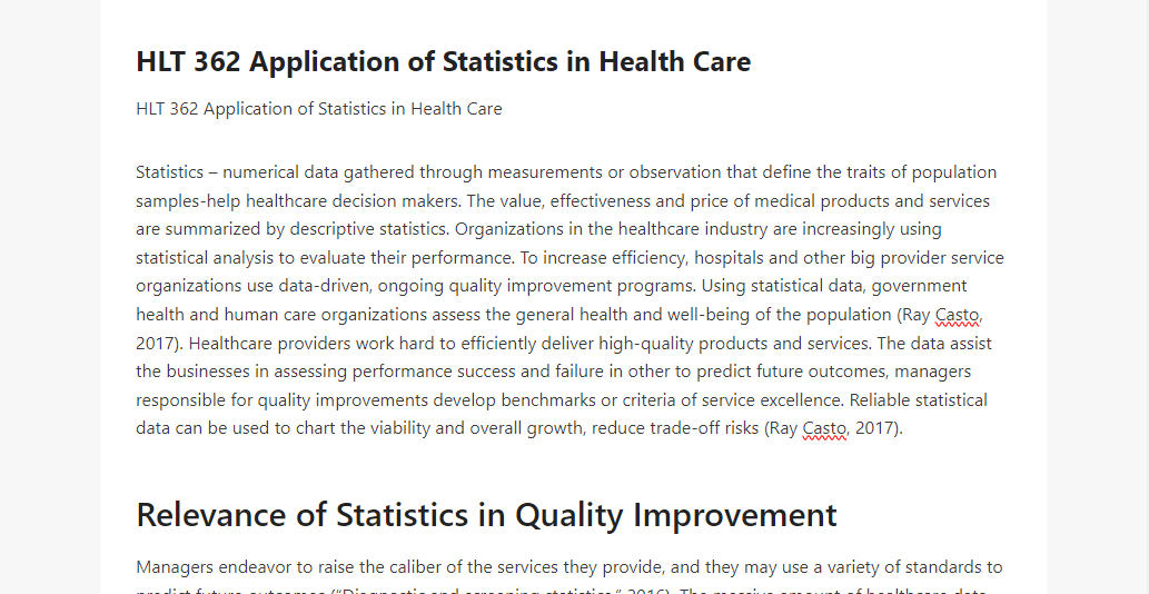 HLT 362 Application of Statistics in Health Care