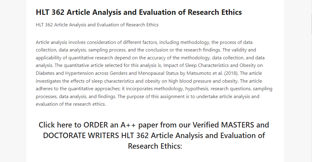 HLT 362 Article Analysis and Evaluation of Research Ethics
