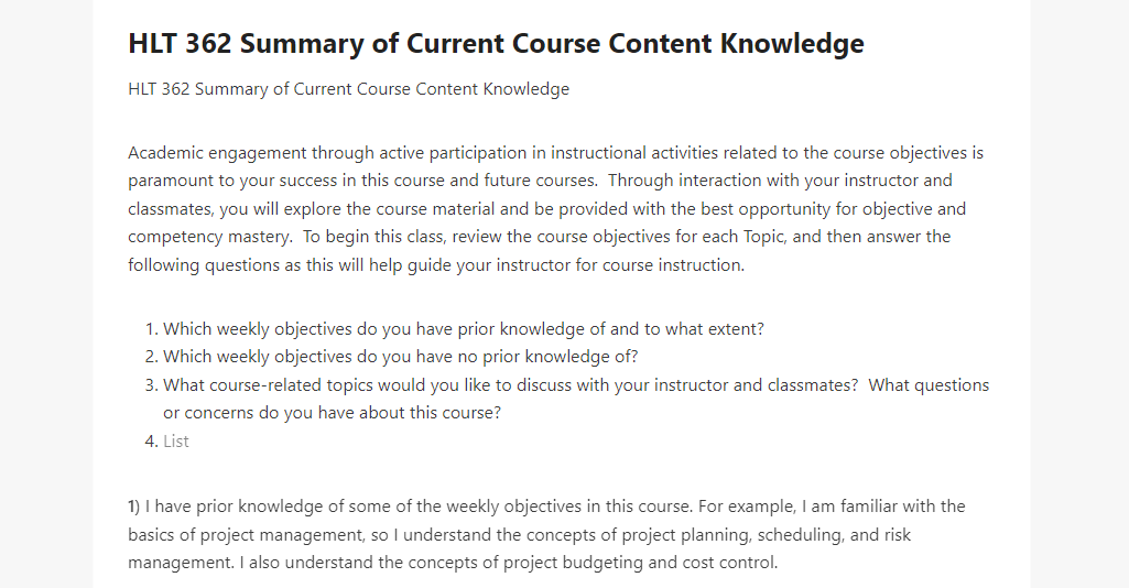 HLT 362 Summary of Current Course Content Knowledge