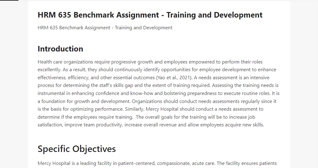HRM 635 Benchmark Assignment - Training and Development