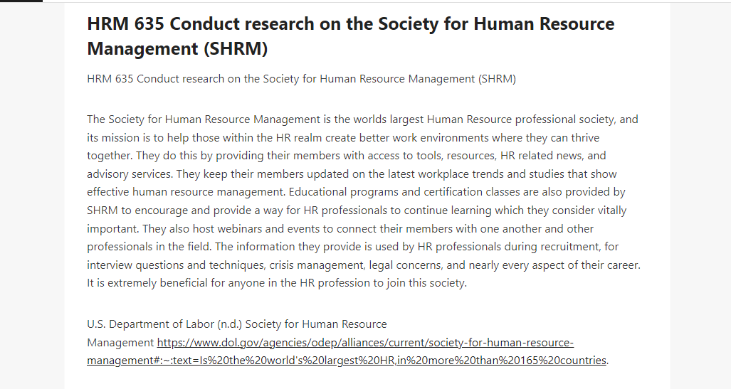 HRM 635 Conduct research on the Society for Human Resource Management (SHRM)