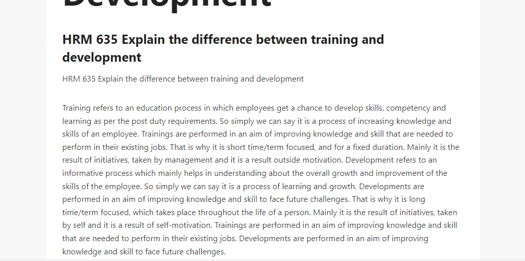 HRM 635 Explain the difference between training and development