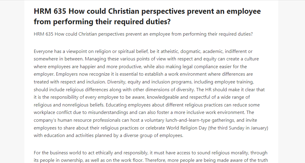 HRM 635 How could Christian perspectives prevent an employee from performing their required duties