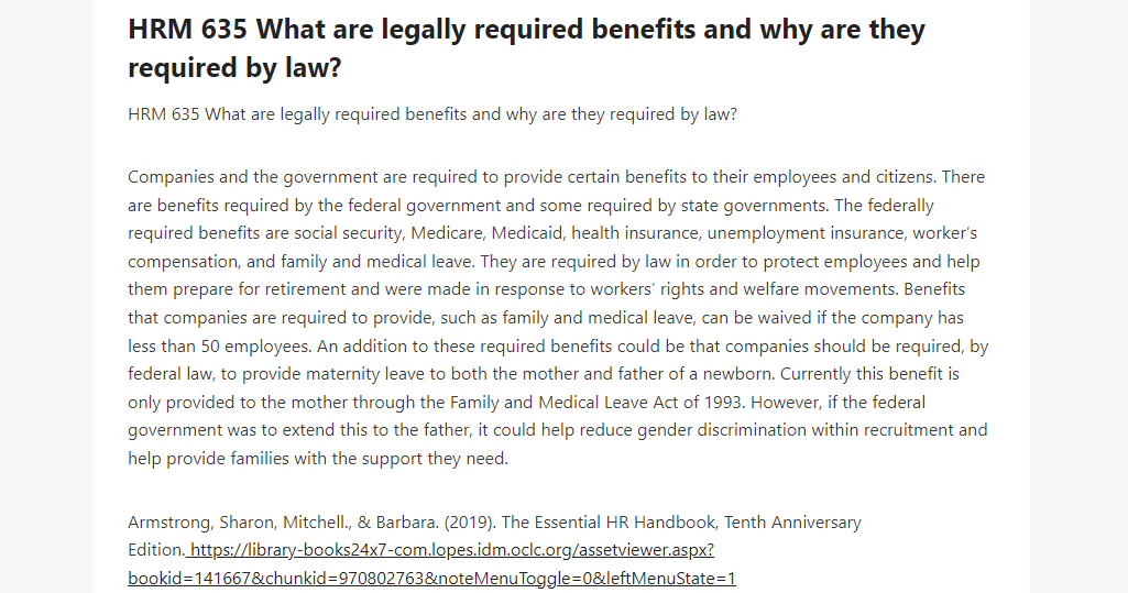 HRM 635 What are legally required benefits and why are they required by law