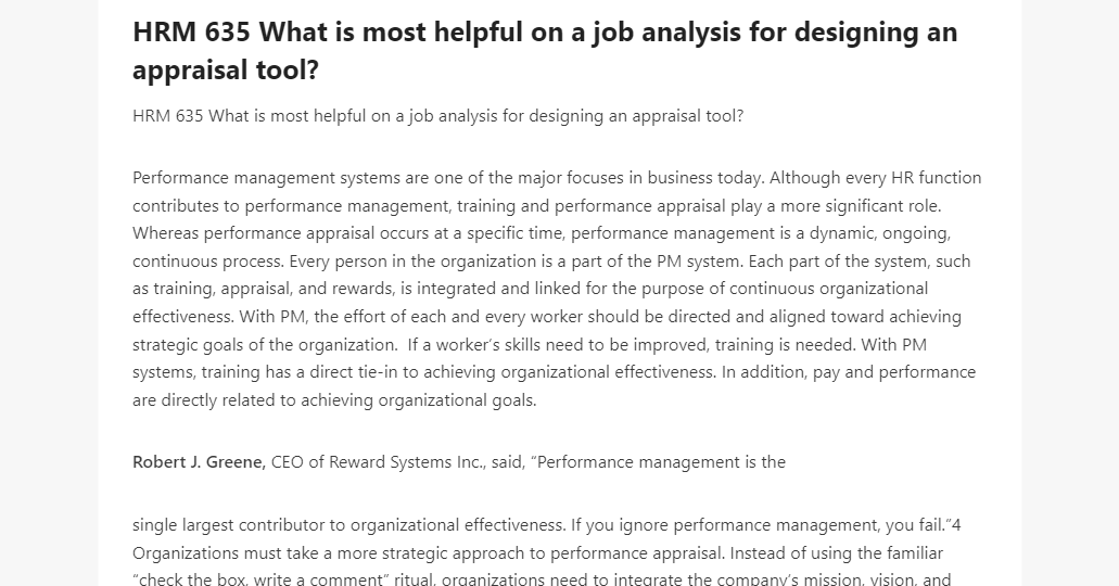 HRM 635 What is most helpful on a job analysis for designing an appraisal tool