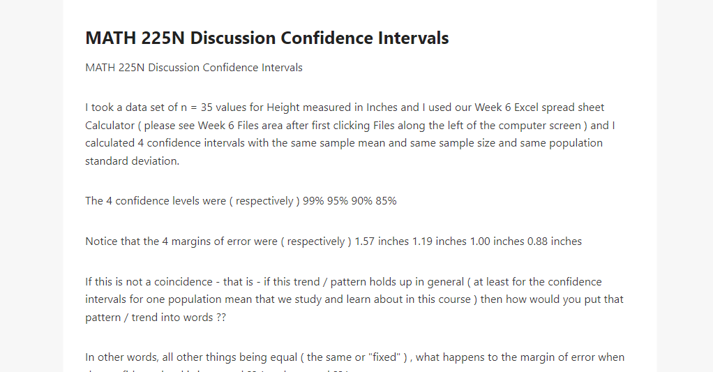 MATH 225N Discussion Confidence Intervals 