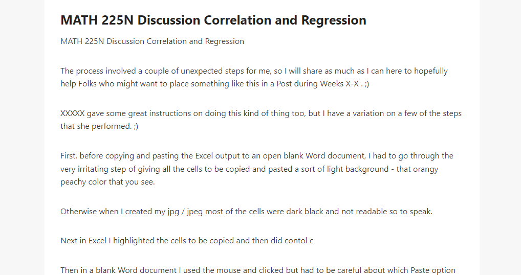 MATH 225N Discussion Correlation and Regression